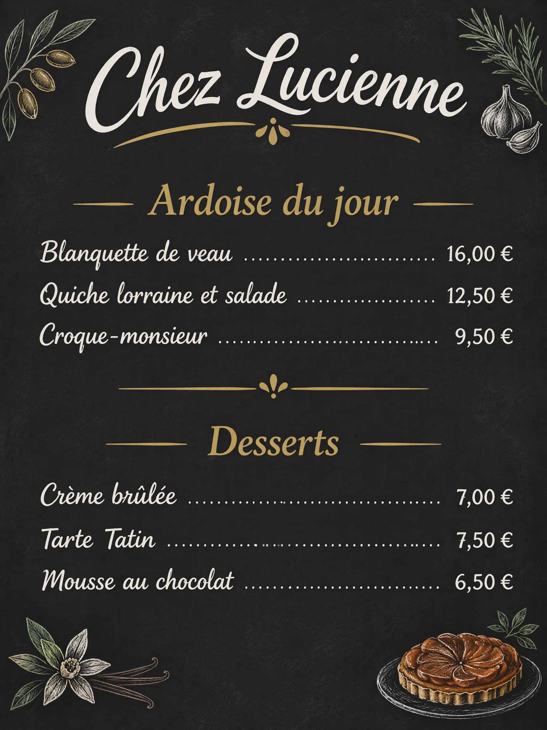 Ardoise: Chez Lucienne · Ardoise du jour: Blanquette de veau 16,00 € · Quiche lorraine et salade 12,50 € · Croque-monsieur 9,50 € | Desserts: Crème brûlée 7,00 € · Tarte Tatin 7,50 € · Mousse au chocolat 6,50 €