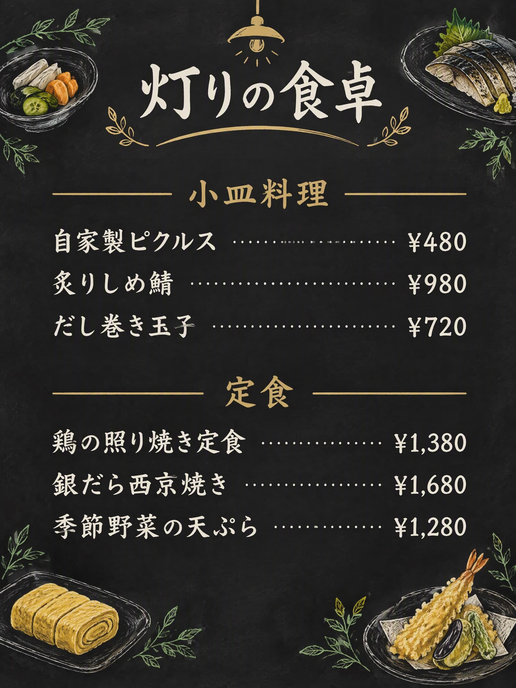 黒板: 灯りの食卓 · 小皿料理: 自家製ピクルス ¥480 · 炙りしめ鯖 ¥980 · だし巻き玉子 ¥720 | 定食: 鶏の照り焼き定食 ¥1,380 · 銀だら西京焼き ¥1,680 · 季節野菜の天ぷら ¥1,280
