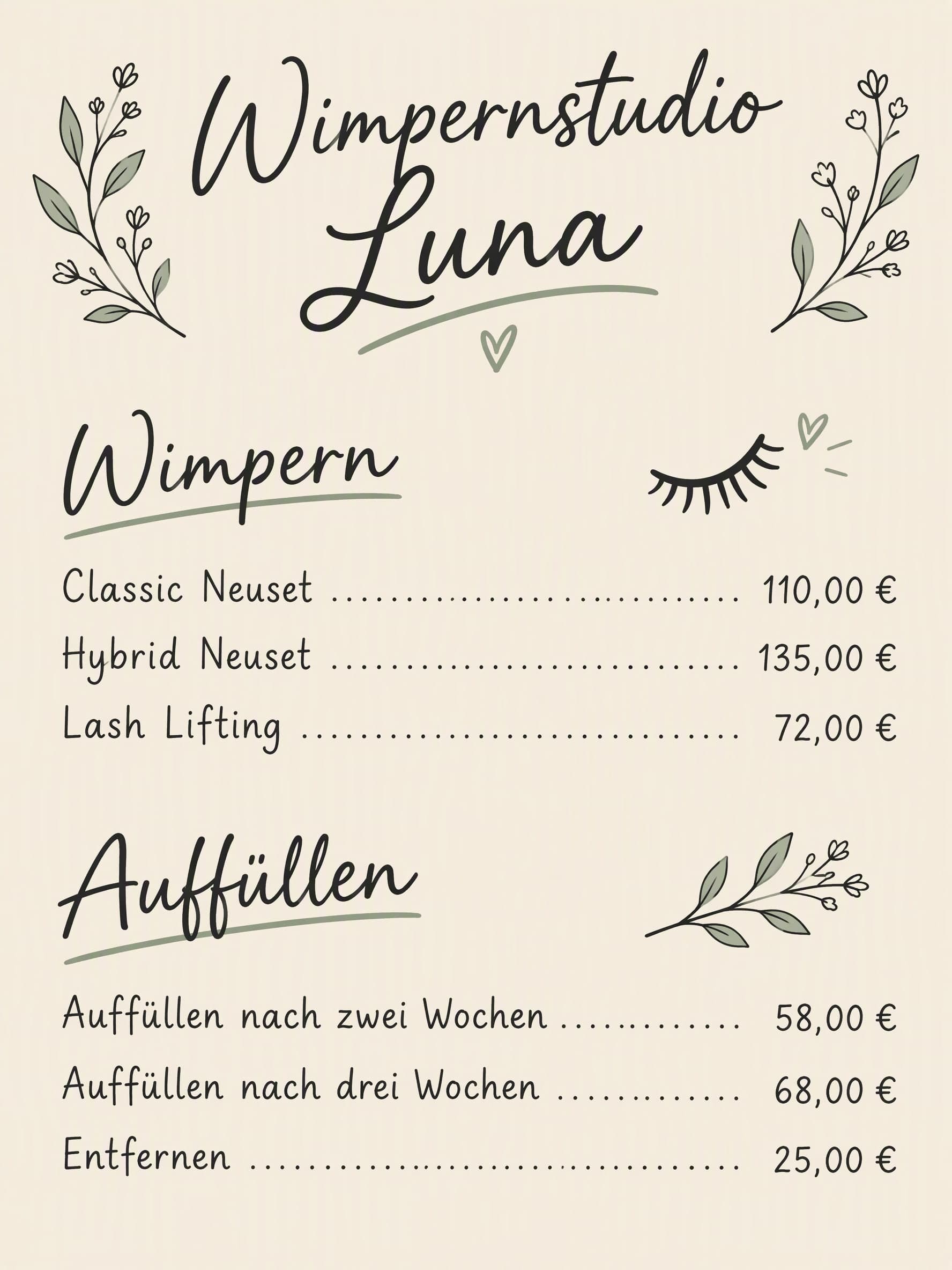Handschriftlich: Wimpernstudio Luna · Wimpern: Classic Neuset 110,00 € · Hybrid Neuset 135,00 € · Lash Lifting 72,00 € | Auffüllen: Auffüllen nach zwei Wochen 58,00 € · Auffüllen nach drei Wochen 68,00 € · Entfernen 25,00 €