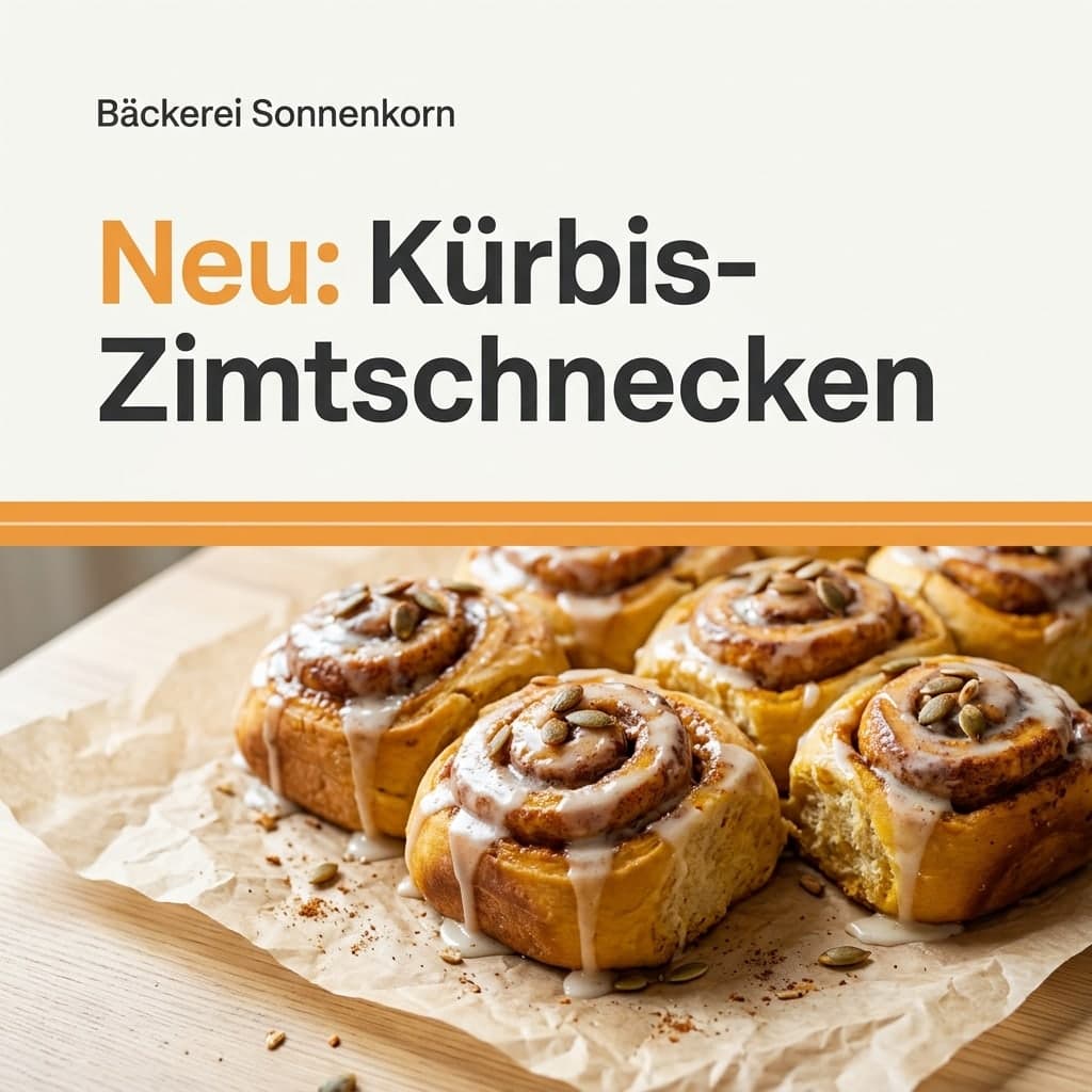 Neuheit: „Bäckerei Sonnenkorn“ · „Neu: Kürbis-Zimtschnecken“