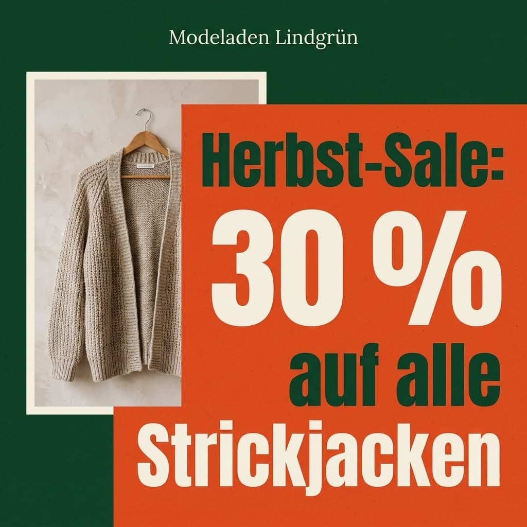 Angebot: „Modeladen Lindgrün“ · „Herbst-Sale: 30 % auf alle Strickjacken“