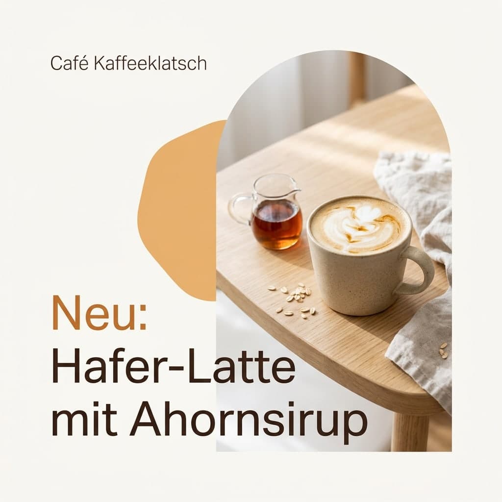 Neuheit: „Café Kaffeeklatsch“ · „Neu: Hafer-Latte mit Ahornsirup“