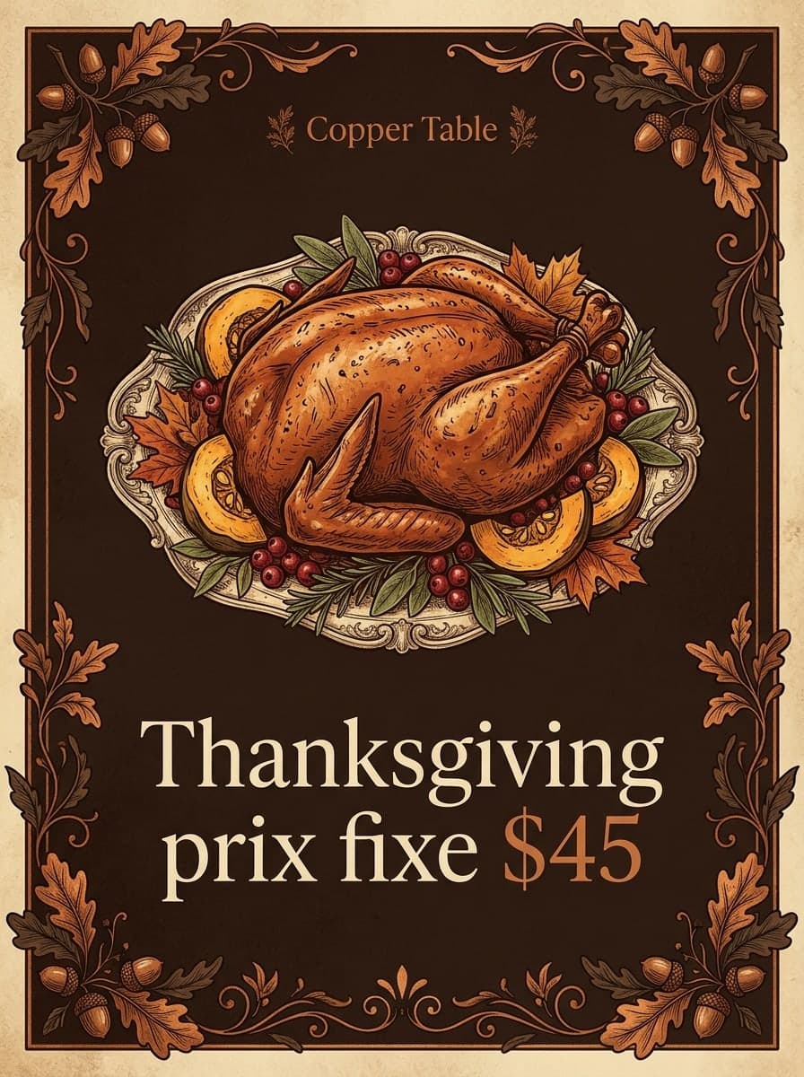 Restaurant dinner: “Copper Table” · “Thanksgiving prix fixe $45”