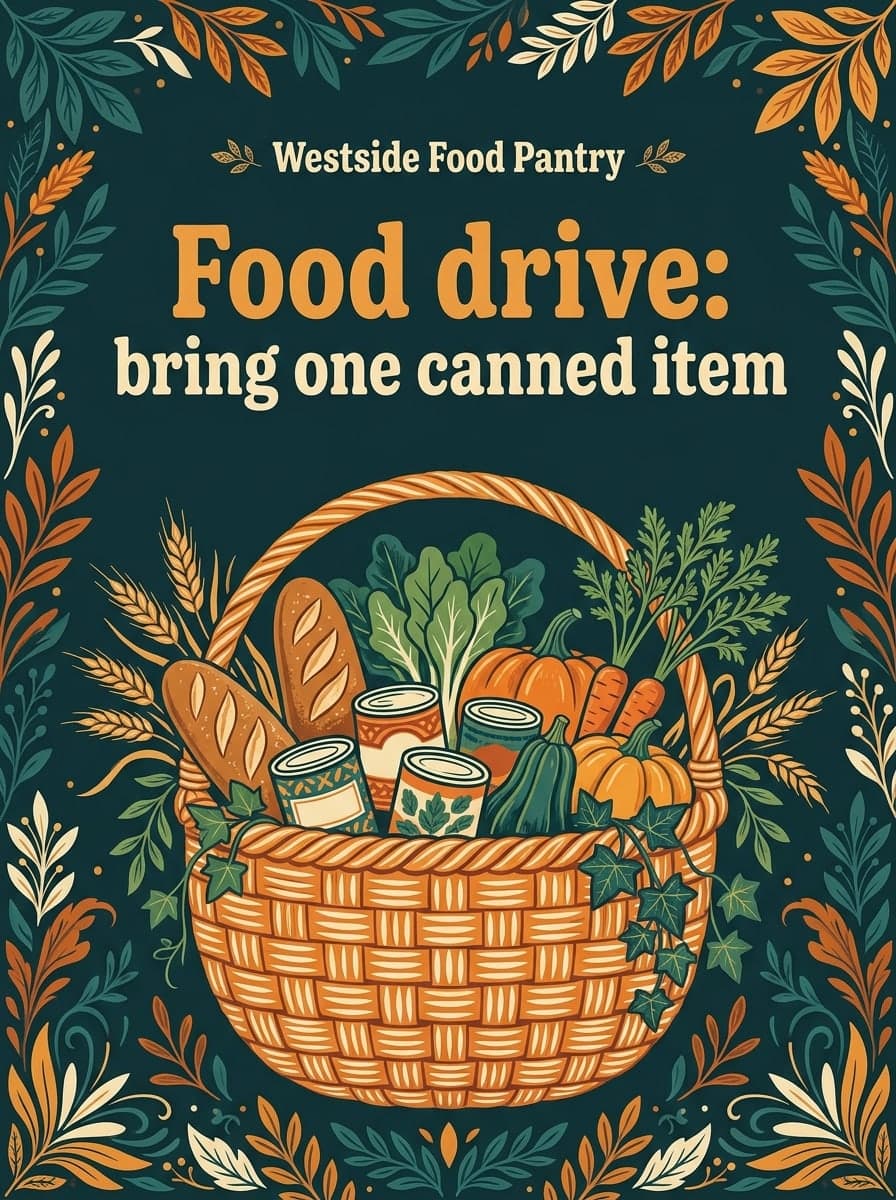 Community food drive: “Westside Food Pantry” · “Food drive: bring one canned item”