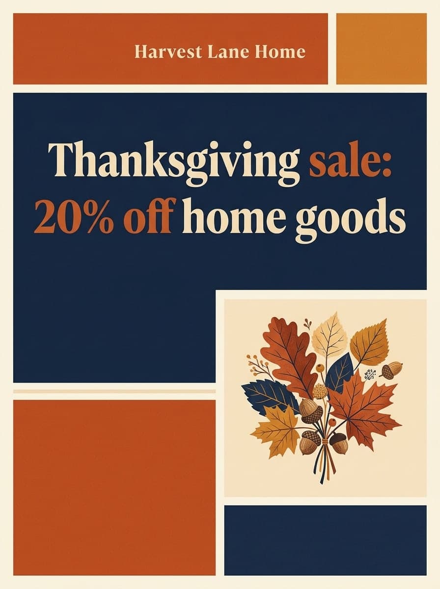 Thanksgiving sale: “Harvest Lane Home” · “Thanksgiving sale: 20% off home goods”
