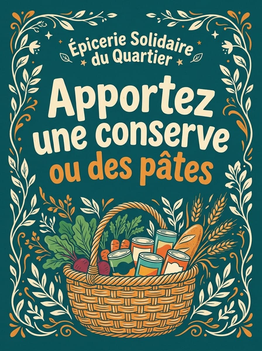 Collecte alimentaire: « Épicerie Solidaire du Quartier » · « Apportez une conserve ou des pâtes »