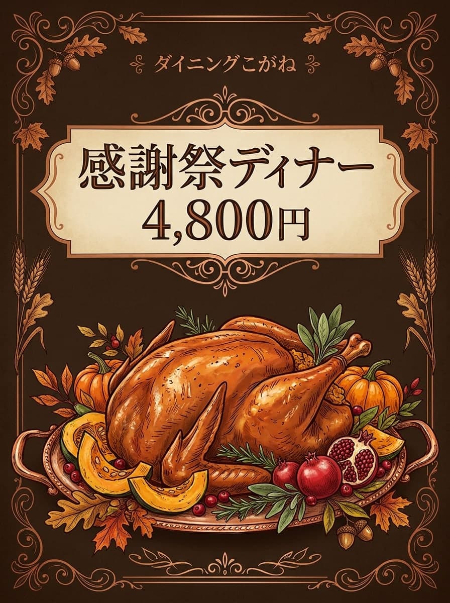 レストランのディナー: 「ダイニングこがね」 · 「感謝祭ディナー 4,800円」