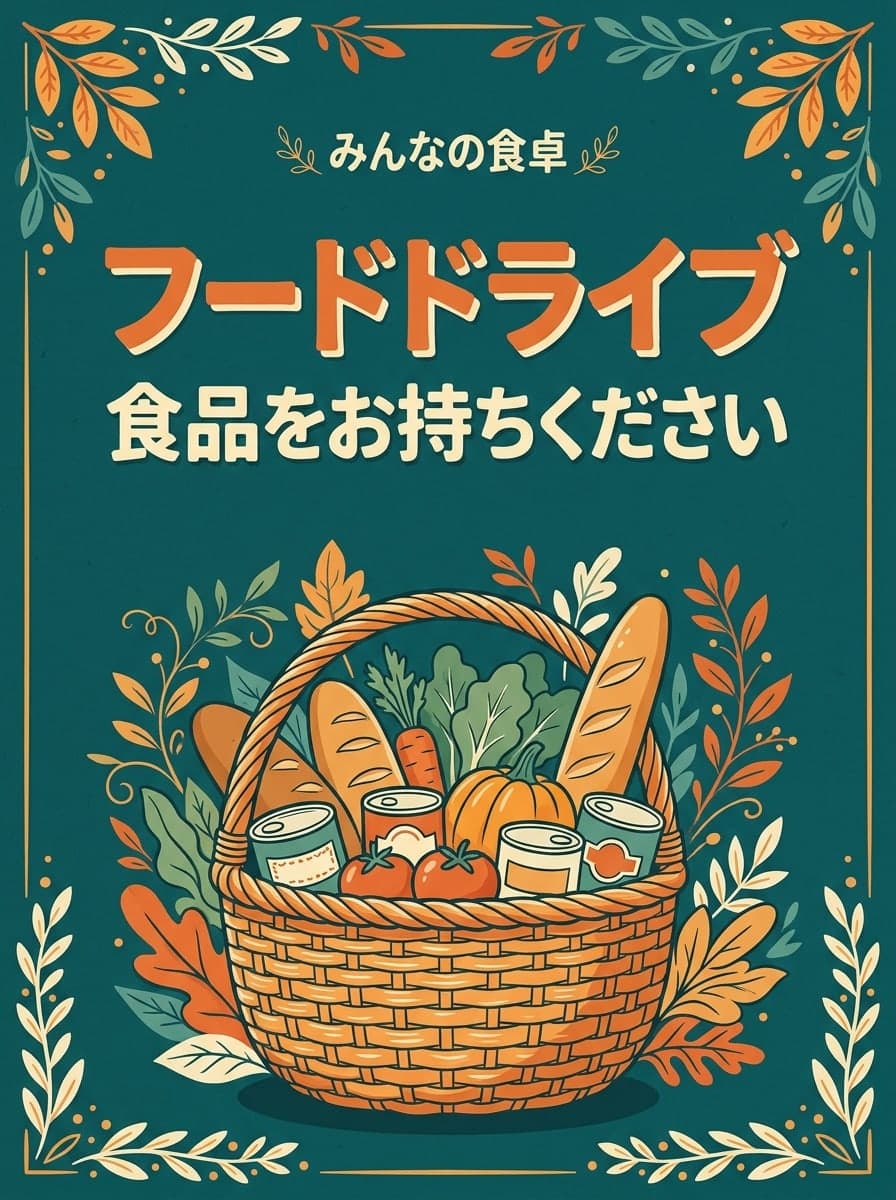 地域フードドライブ: 「みんなの食卓」 · 「フードドライブ 食品をお持ちください」