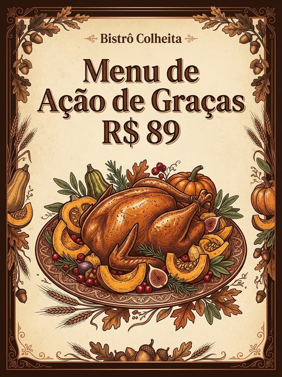 Jantar no restaurante: “Bistrô Colheita” · “Menu de Ação de Graças R$ 89”