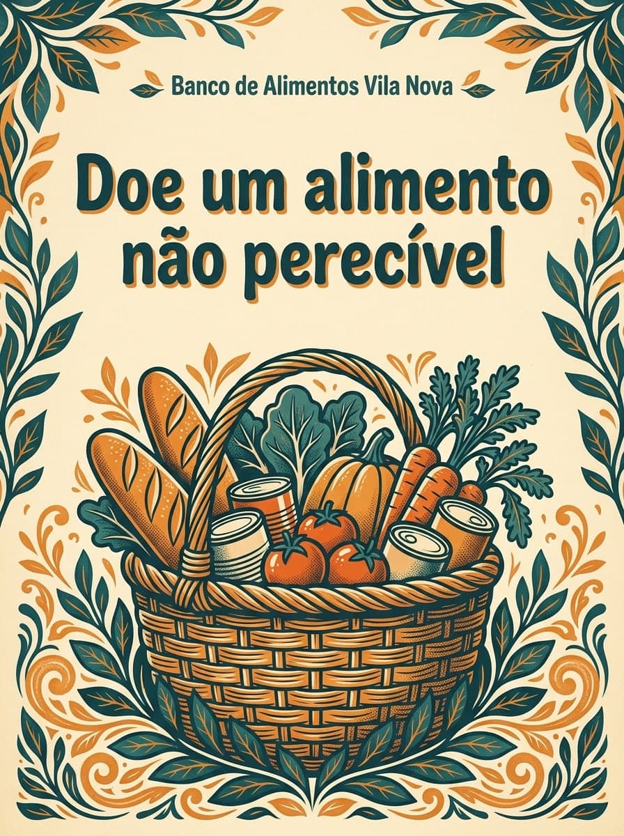 Arrecadação de alimentos: “Banco de Alimentos Vila Nova” · “Doe um alimento não perecível”