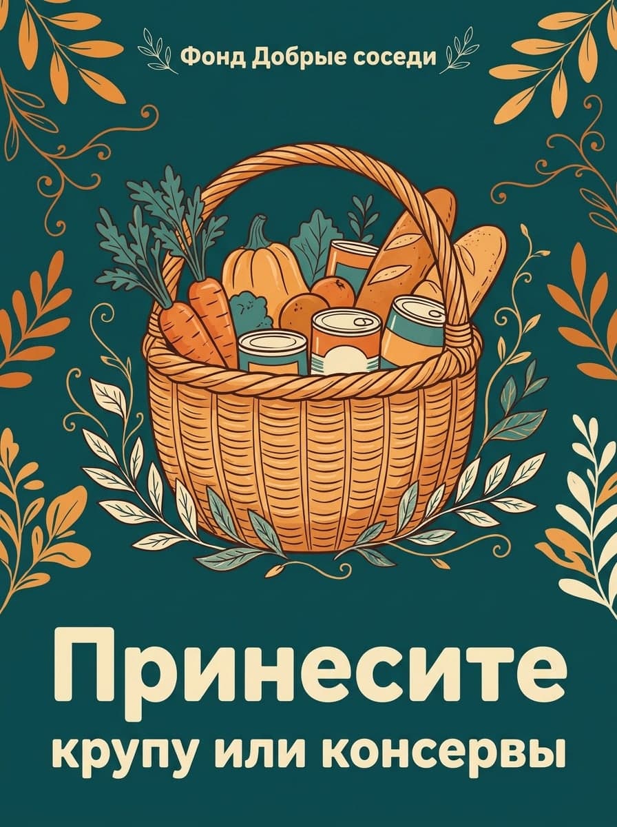 Сбор продуктов: “Фонд Добрые соседи” · “Принесите крупу или консервы”