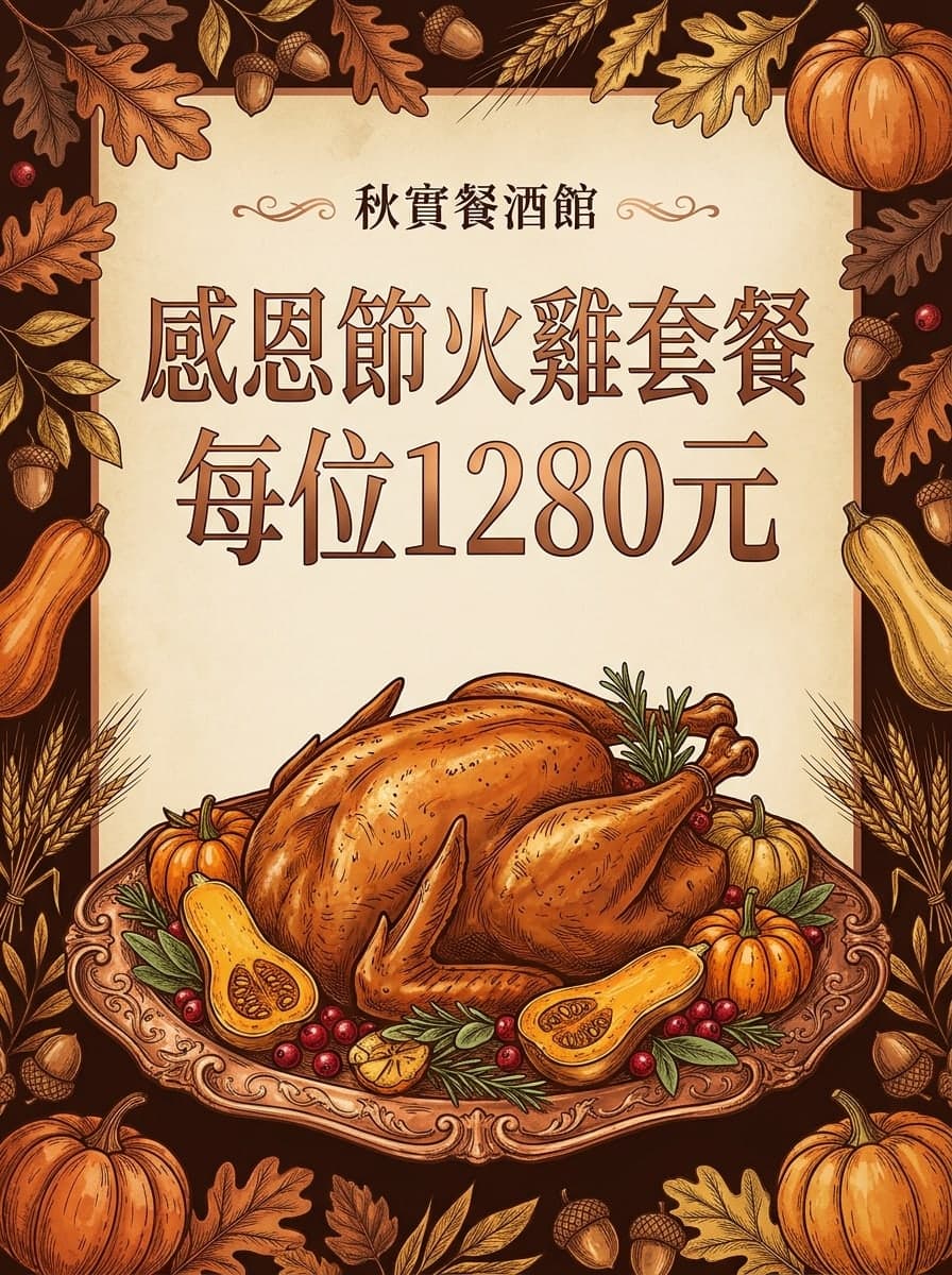 餐廳感恩晚餐: “秋實餐酒館” · “感恩節火雞套餐 每位1280元”