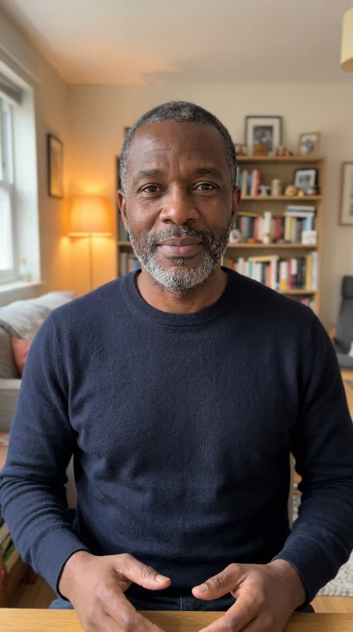 Curtis, 50s, living room