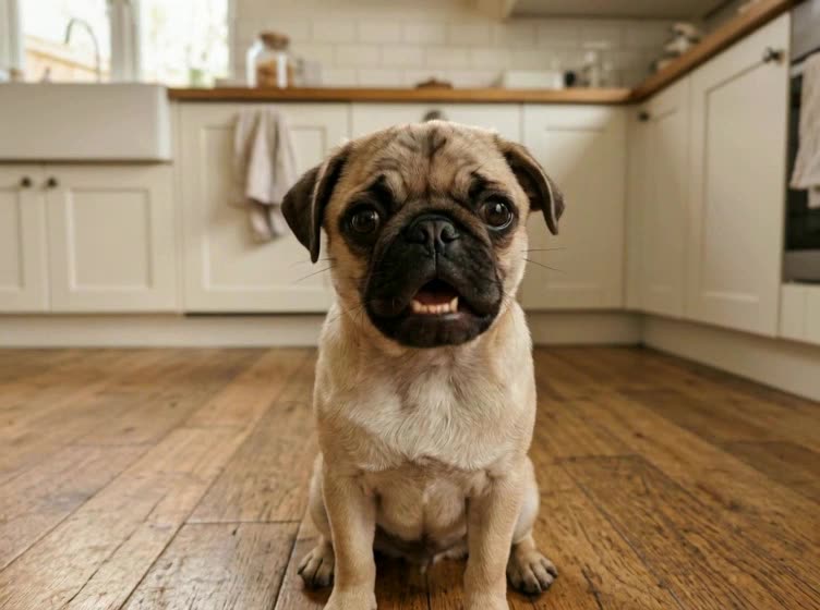 AI Talking Pet · Pug in the kitchen