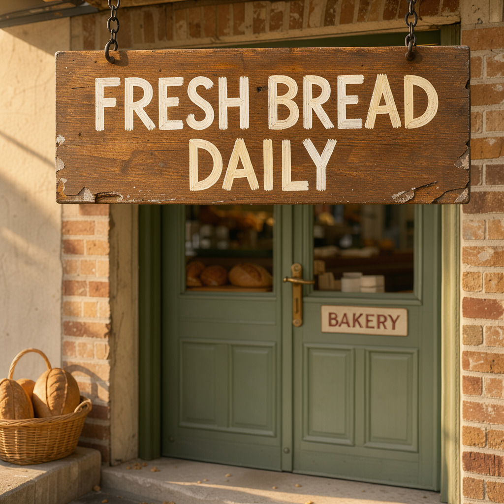Three words on a painted sign: A hand-painted wooden sign reading FRESH BREAD DAILY hanging above a small bakery door, morning light, shallow depth of field.