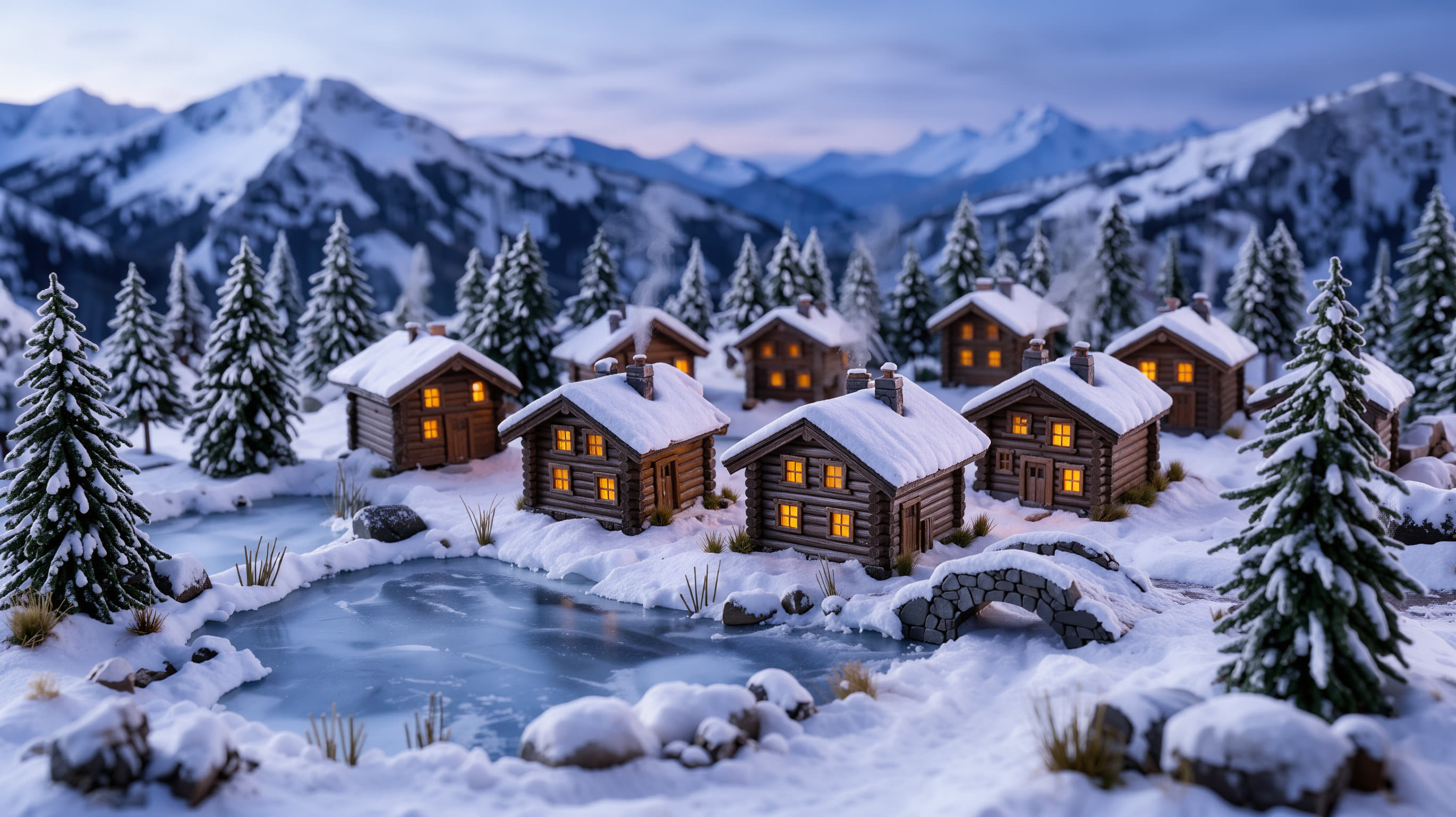 A whole village at 2K: A tilt-shift miniature diorama of a snowy alpine village at dusk: tiny wooden chalets with plain log walls and glowing windows, smoke rising from the chimneys, pine trees dusted with snow, a frozen pond and a small stone bridge, soft blue evening light. No text, no letters, no signs, no plaques, no logos.
