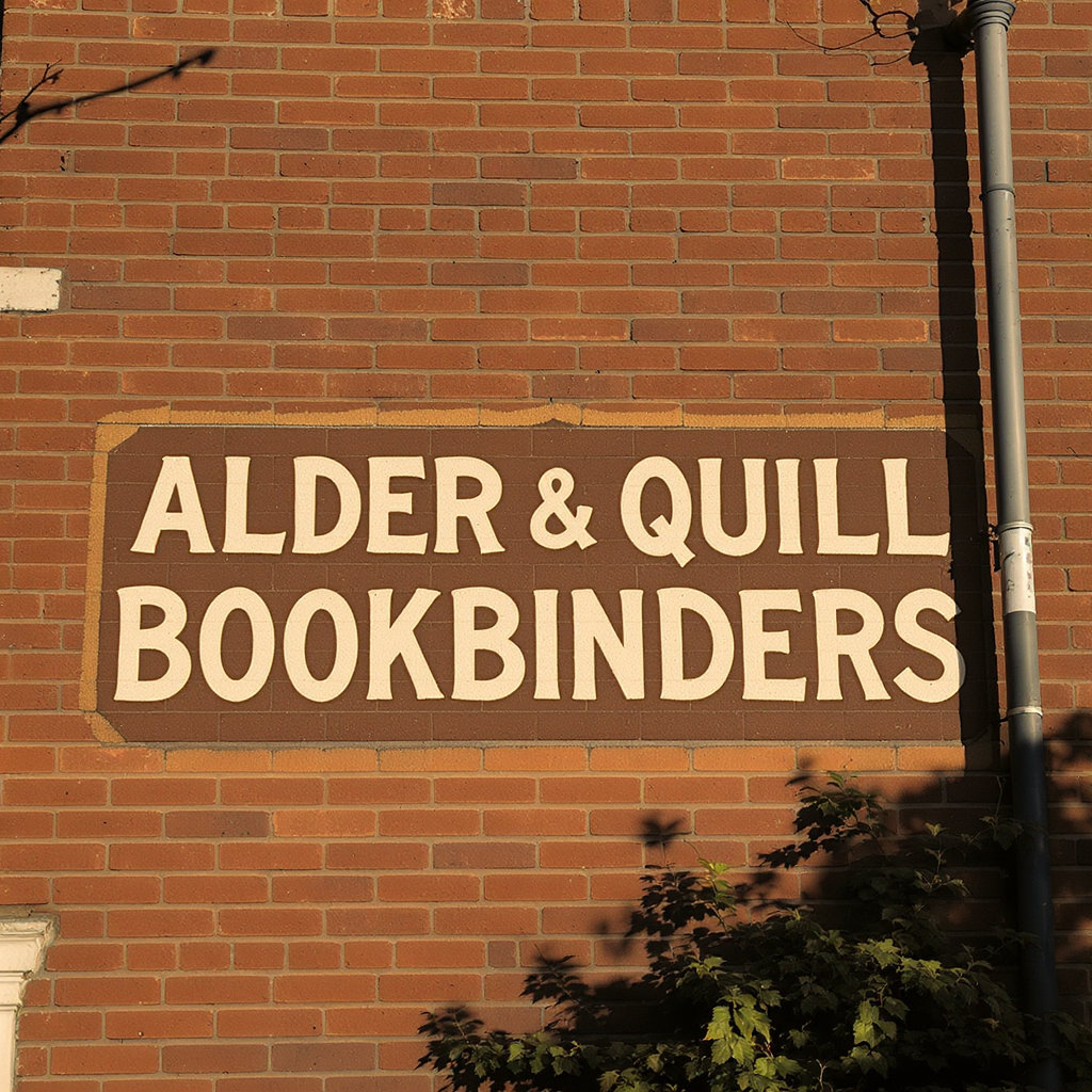 Text painted into the scene: Photograph of a hand-painted ghost sign on the side of an old red brick building, square frame, shot straight on in late afternoon sun. Large faded cream block letters read "ALDER & QUILL" across the top and "BOOKBINDERS" on a second line beneath, each letter painted directly onto the bricks so the mortar lines run through the paint. The paint is weathered and lightly chipped but every letter stays fully legible, with a thin dark drop shadow painted behind each one. Warm raking light from the left picks out the brick texture, and a downpipe casts a long shadow on the right. A few strands of ivy climb the lower edge. Photoreal, 50mm lens, straight-on perspective, no keystoning. Keep every word exactly as written, no extra text, no logos, no watermark.