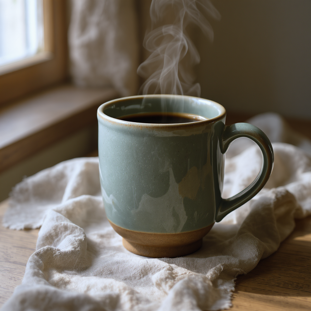 Material texture under one light: Macro product photograph of a hand-thrown stoneware mug with a thick celadon glaze that thickens into a rounded bead just above the bare clay foot ring, with no glaze touching the cloth or the table, resting on a rumpled natural linen cloth beside a window, a thin curl of steam rising from black coffee inside. Square frame. One soft window light from the left, a crisp highlight along the glaze, fine dark speckles in the unglazed clay at the foot, visible linen weave, the background falling into warm grey. Photoreal, 100mm macro look, shallow depth of field. No text, no logos, no watermark.