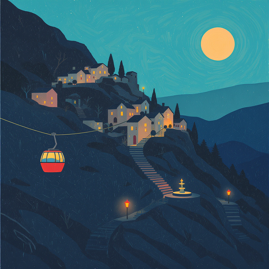 Style held across the frame: Flat gouache travel poster illustration of a small hillside village at dusk, square composition: terraced stone houses with warm lit windows climbing the slope, a tiny red cable car on a wire up to a lookout, winding stone steps, a small square with a fountain, pine trees, amber street lamps. Palette limited to deep navy, teal, warm amber and coral pink. Simplified geometric shapes, flat colors with soft visible brush texture, one consistent light from the upper right, no outlines. No text, no signage, no borders, no watermark.