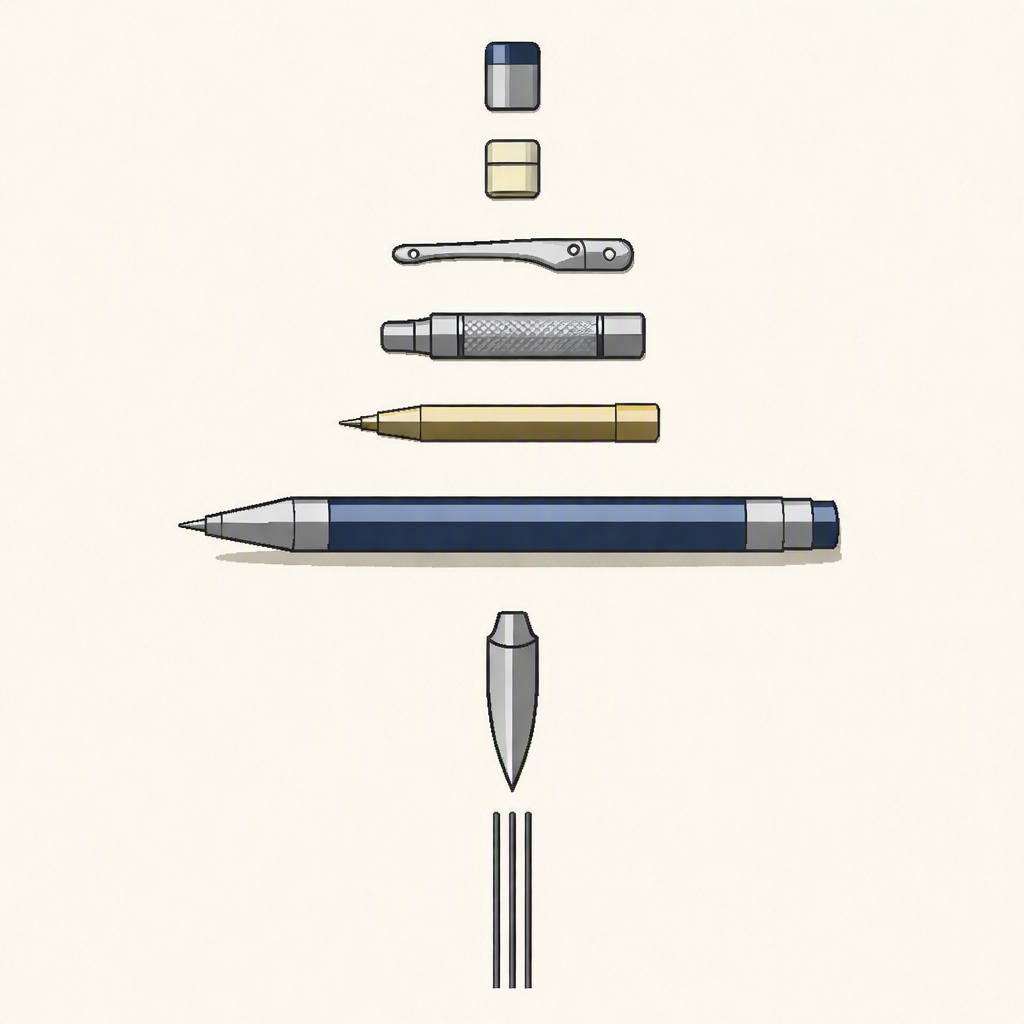 Exploded view without labels: Exploded-view technical illustration of a mechanical pencil on a plain warm cream background, square format: every part floats in one straight vertical line in assembly order with even gaps between them, from top to bottom the push cap, the small eraser, the metal clip, the knurled grip, the long barrel, the brass lead sleeve, the pointed tip and three thin graphite leads. Clean line art with muted metallic grey and navy fills, a soft shadow beneath each piece. Precise engineering drawing look, generous margins, everything centered. No text, no labels, no logos, no watermark.