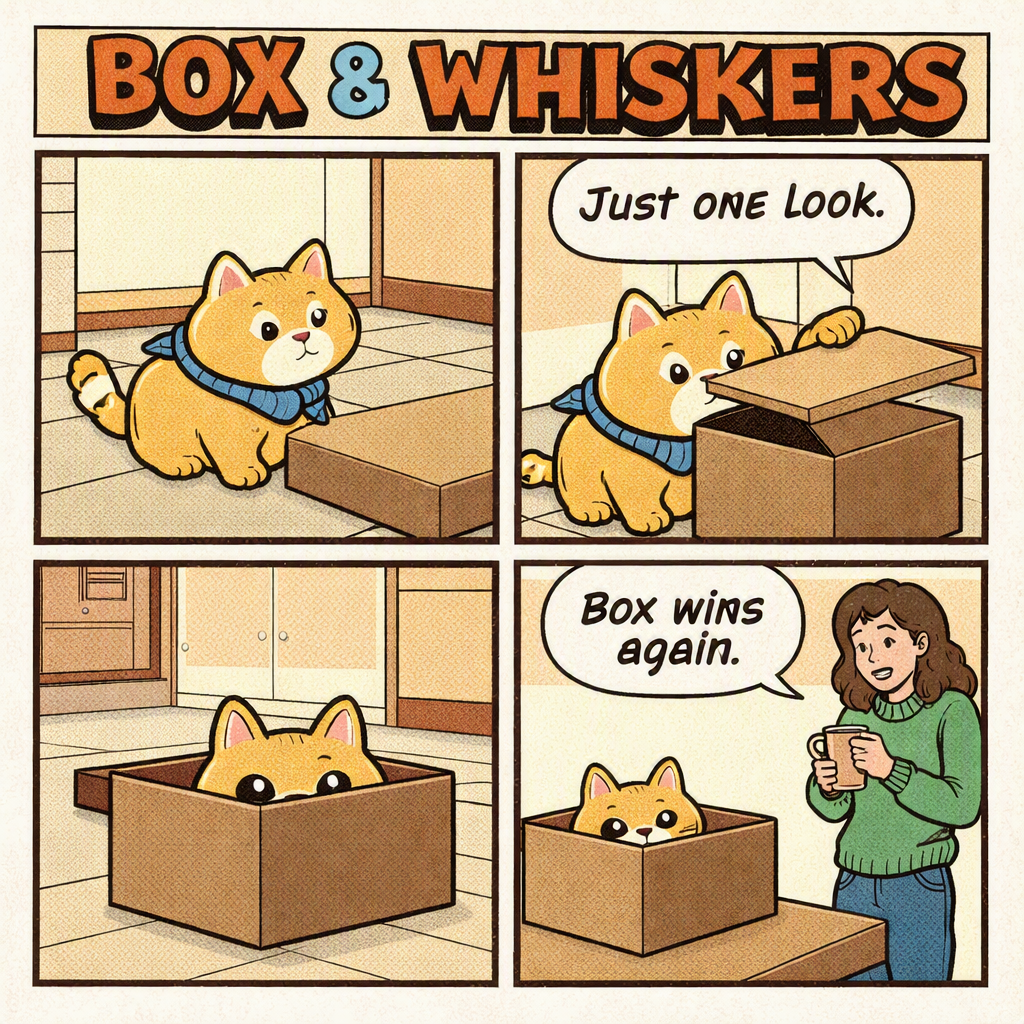 Four panels, one cat: Sunday newspaper comic page, square format, halftone newsprint texture. Title strip across the top reads "BOX & WHISKERS" in bold comic lettering, below it a 2x2 grid of panels with thin black gutters, ligne claire ink art with flat warm colors. The same round orange cat in a tiny blue scarf in every panel, paws drawn as soft round paws with toes. Panel 1: the cat stares at a closed cardboard box on a kitchen floor. Panel 2: close-up, the cat lifts the lid with one paw, speech bubble "Just one look." with the tail pointing at the cat. Panel 3: the cat sits in the box, only ears and eyes showing. Panel 4: wide shot, the cat's ears poke out of the box on the left while a woman in a green sweater stands on the right holding a mug and laughing; her bubble "Box wins again." has its tail pointing clearly at her mouth. Hand-lettered bubbles, no panel numbers, no other text, no watermark.