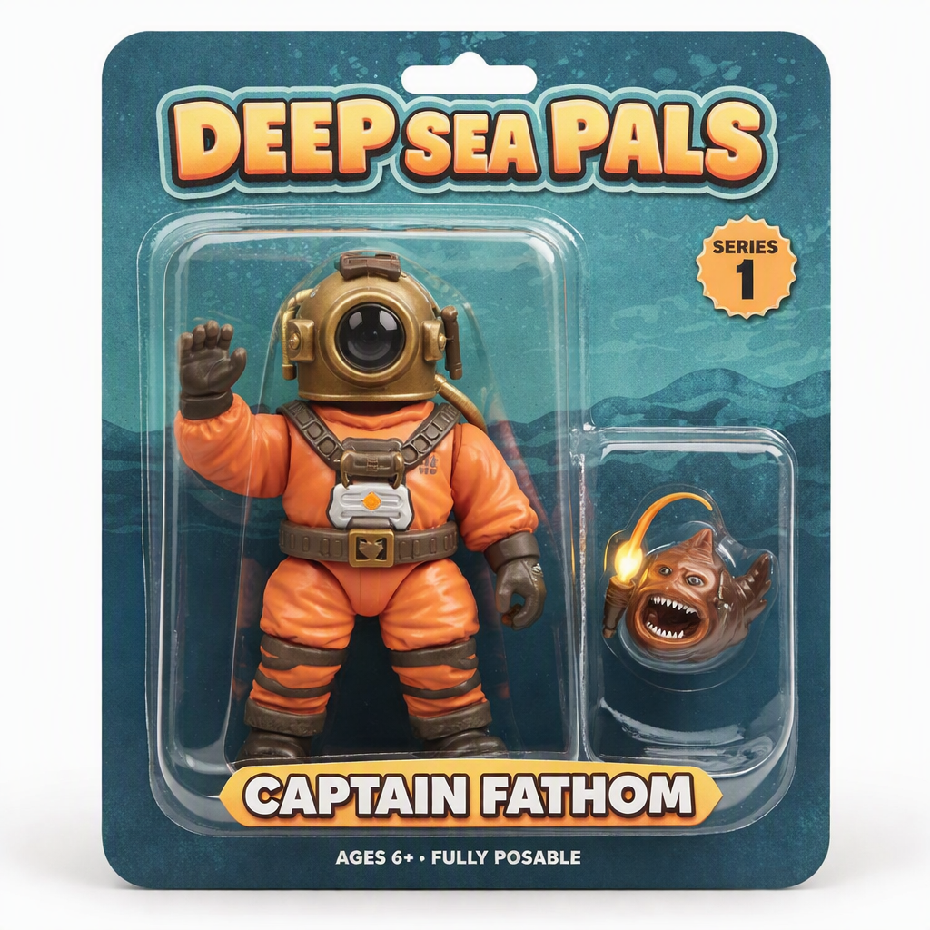Materials and package copy: Product photograph of a collectible action figure sealed in a clear plastic blister pack on a printed cardboard backing card, square format, standing upright on a white studio sweep. The figure is a chunky vintage-style deep-sea diver in a brass helmet and orange dive suit, one hand raised, next to a tiny anglerfish accessory with a painted lure in its own bubble. The card is deep teal with a faint wave pattern and bold rounded lettering: "DEEP SEA PALS" at the top, "CAPTAIN FATHOM" beneath the figure, a small yellow badge reading "SERIES 1", and a footer line "AGES 6+ · FULLY POSABLE". Soft top softbox light with crisp highlights on the blister, slight reflection on the plastic, realistic painted vinyl and matte card textures, shallow depth of field. No other text, no real brands, no watermark.