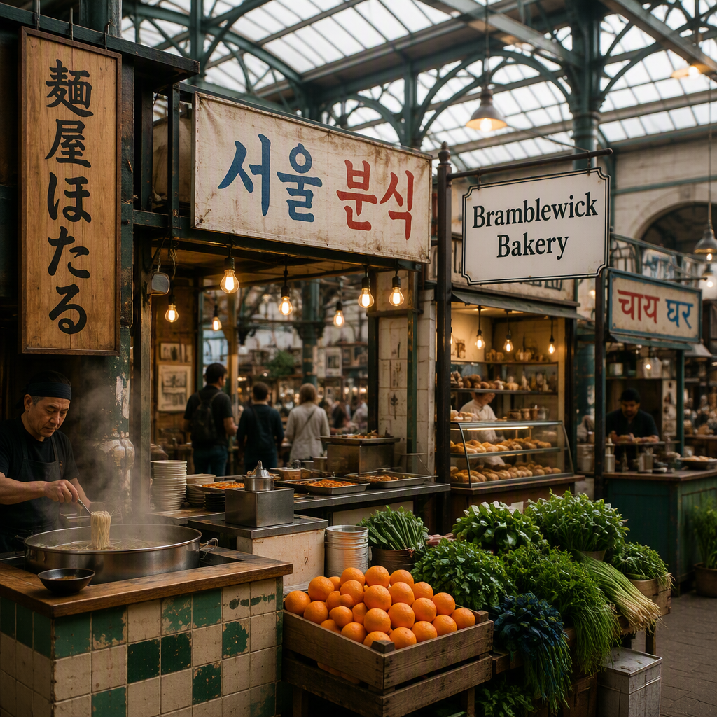 Four scripts in one frame: Photorealistic daytime photograph inside a covered food market hall, shot at eye level on a 35mm lens, soft daylight falling through high skylights and iron trusses, steam rising from a noodle pot. Four stall signs are fully legible: a vertical wooden Japanese board reading "麺屋 ほたる", a hand-painted Korean banner reading "서울 분식", a white enamel English sign reading "Bramblewick Bakery", and a small painted Hindi board reading "चाय घर". Crates of oranges and bundled herbs in the foreground, a few shoppers softly out of focus behind. Fine details: chipped enamel, chalk dust, worn tiles, hanging bulbs. Every sign spelled exactly as written, no other readable text, no price tags, no real brand logos, no watermark.