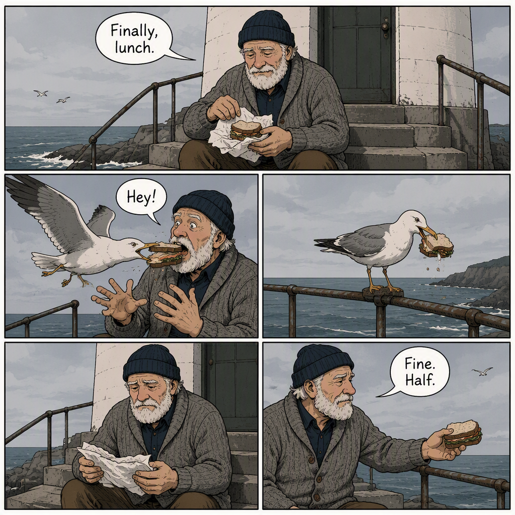 Planned comic page layout: A comic page with five panels in a planned layout: one wide panel across the top, two equal panels in the middle row, two unequal panels at the bottom, thin black gutters, clean ink line art with flat muted colors, indie graphic novel style. The same character in every panel: a white-bearded lighthouse keeper in his sixties, navy knit cap and grey wool cardigan, same face and outfit throughout. Top panel: he unwraps a sandwich on the lighthouse steps, speech bubble "Finally, lunch." Middle left: a seagull snatches the sandwich mid-bite, bubble "Hey!" Middle right: the gull eats on the railing, no dialogue. Bottom left: he stares at the empty wrapper. Bottom right: he holds out half of a second sandwich, bubble "Fine. Half." All bubbles hand-lettered and legible, no panel numbers, no other text, no watermark.