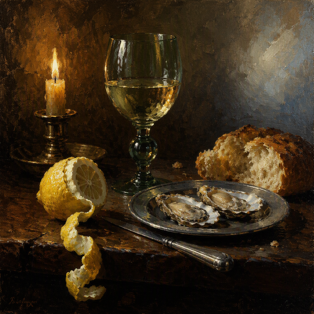 Oil paint light and texture: A classical still life painted in oils on canvas, chiaroscuro style: on a dark oak table, a half-peeled lemon with its spiral of peel hanging over the edge, a tall green glass goblet half filled with white wine, a pewter plate with two oysters, a silver knife and a torn loaf of bread. Warm candlelight from the left, a faint cool daylight fill from the right. The lemon and table edge are visibly refracted through the wine and glass, highlights on the pewter catch the flame, soft reflections in the goblet foot. Thick impasto brushstrokes on the highlights, thin transparent glazes in the shadows, visible canvas weave at the edges, painterly edges rather than photographic sharpness, restrained natural color. No text, no signature, no frame, no watermark.