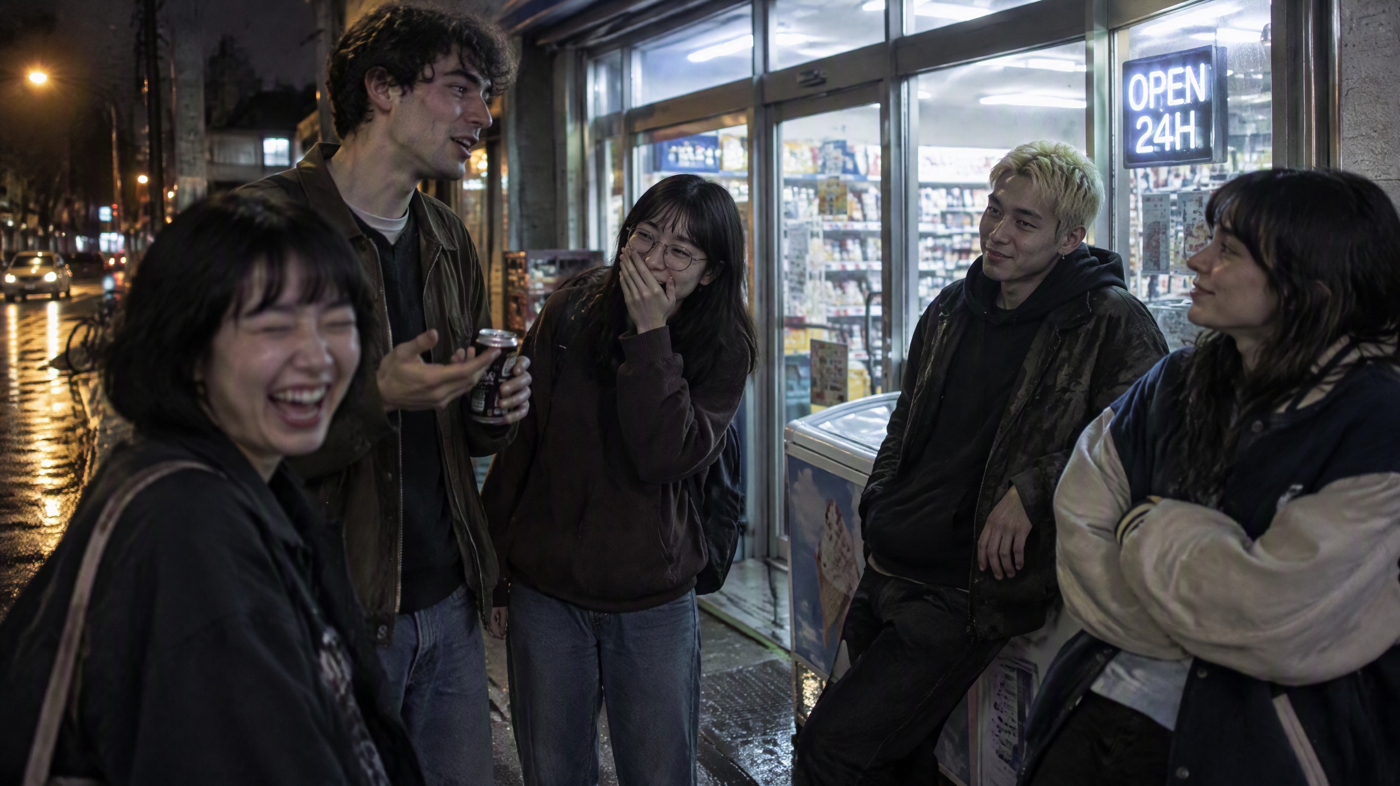 Five faces, none alike: Photorealistic candid photograph of five friends in their early twenties hanging out on the sidewalk in front of a small 24-hour convenience store late at night, laughing and talking in the middle of a story. Each face is clearly different and clearly lit: a young woman with a short black bob laughing with her eyes squeezed shut, a tall young man mid-sentence gesturing with a canned coffee, a young woman in round glasses covering her grin with one hand, a young man with bleached hair leaning against the ice-cream freezer by the door with a lopsided smirk, and a young woman in an oversized varsity jacket looking sideways at her friend with a fond half-smile. Natural mixed lighting only: cool white fluorescent light spilling from the store windows onto the pavement, one warm streetlamp far to the left, soft reflections on slightly damp asphalt. Shot on a 35mm lens at f/2 from a few steps away, the friend nearest the camera slightly out of focus, real skin texture with pores and a little shine, no beauty retouching, nobody posing for the camera. The storefront is generic and unbranded; the only readable text is a small glowing sign reading 'OPEN 24H'. Documentary photography, muted colours, faint film grain.