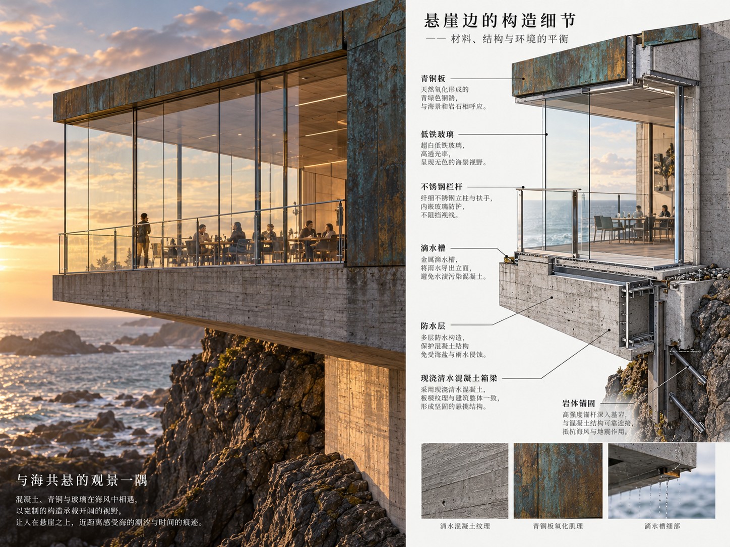 A photo and its construction drawing, side by side: A two-part editorial spread on one 4:3 canvas. Left half: a photorealistic architectural photograph at golden hour of a small glass-walled restaurant cantilevered from a dark basalt cliff over the sea, the box clad in green-patinated bronze panels and carried on a raw board-marked concrete beam, floor to ceiling low-iron glazing with a thin stainless steel guardrail, diners at tables inside lit by the low sun, waves breaking on the rocks below, soft clouds. Right half on warm off-white paper: an annotated construction detail of the same cantilever drawn as a clean cut-away render with hairline leader lines, titled '悬崖边的构造细节' with the subtitle '材料、结构与环境的平衡', and seven callouts in Chinese reading '青铜板', '低铁玻璃', '不锈钢栏杆', '滴水槽', '防水层', '现浇清水混凝土箱梁', '岩体锚固', each with two or three short lines of explanation in small grey type; along the bottom three small material swatches captioned '清水混凝土纹理', '青铜板氧化肌理', '滴水槽细部'. Bottom left of the photograph a white caption block reading '与海共悬的观景一隅' with three short lines of copy beneath. Editorial typography, generous margins, every character rendered clearly, no other text.