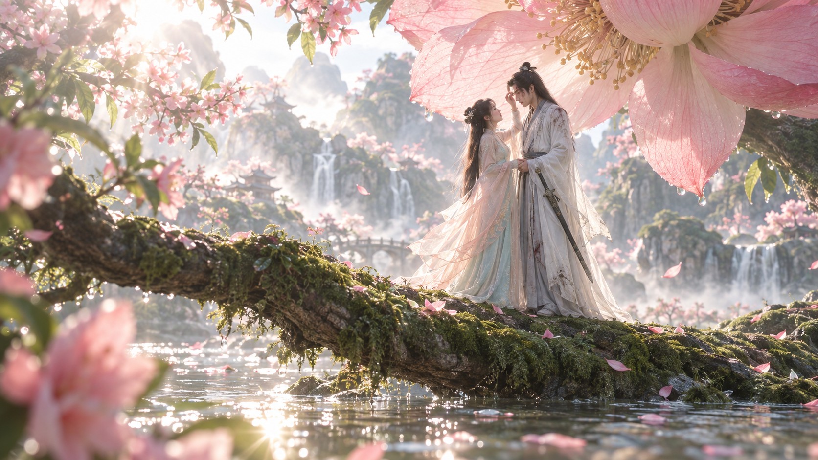 A blossom the size of a sail: Cinematic wide shot in a Chinese xianxia fantasy world, photoreal CG. A young woman in flowing pale pink and mint layered hanfu with long black hair and a jade hairpin stands on a moss-covered fallen tree trunk that bridges a shallow river, gently touching the cheek of a young swordsman in white and grey robes with a sword at his hip; both in profile, close together. Above them a giant translucent pink blossom leans over the trunk, its petals the size of sails with dewdrops on the edges and golden stamens. Behind them misty karst peaks with waterfalls, a stone arch bridge and distant pavilion roofs, peach trees in full bloom, petals drifting down onto the water. Backlit morning sun, volumetric haze, soft lens bloom, sparkle and ripples on the water in the foreground, shallow depth of field on the blossoms nearest the camera. Ethereal and romantic, with detailed fabric and wet moss textures.