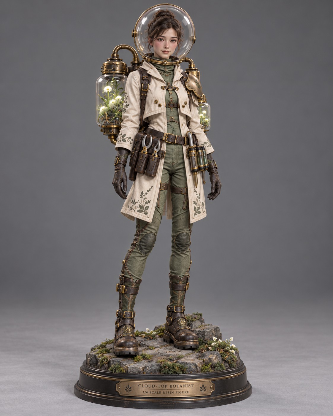 A collectible you could pick up: Studio product photograph of a 1/6 scale resin collectible figure: a young woman botanist explorer standing on a rocky mossy base with tiny white wildflowers, wearing a glass dome helmet with brass fittings, a cream canvas coat with green leaf embroidery over an olive utility suit, a leather tool belt holding pruning shears and glass vials, dark leather gloves and tall buckled boots. On her back two brass and glass terrarium canisters with glowing white daisies inside. The figure stands on a round black plinth with a brass plaque reading 'CLOUD-TOP BOTANIST' and a smaller line '1/6 SCALE RESIN FIGURE'. Plain grey seamless backdrop, soft even studio light with a gentle shadow under the base, sharp focus from helmet to boots, visible material finishes: matte fabric, polished brass, clear glass, worn leather. Vertical 3:4 framing.