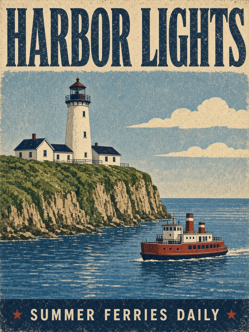 Headline and fine print: A vintage screen-printed travel poster for a seaside town. Bold headline text "HARBOR LIGHTS" across the top, a small tagline "summer ferries daily" along the bottom edge, a white lighthouse on a green cliff above a blue bay with a red ferry, flat colors, grainy paper texture, 1950s style.