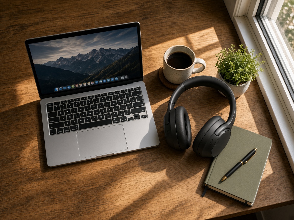 Two references, one scene: Place the headphones from the first image on the wooden desk in the second image, resting on the desk next to the coffee mug with the ear cups facing the camera. Match the warm window light and the direction of the shadows. Keep the laptop, the plant, the notebook and the framing exactly as they are.