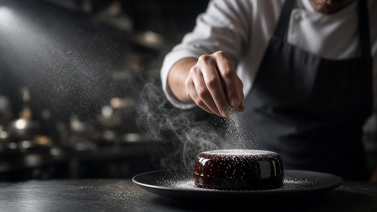 Fine particles in low light: Editorial photograph of a pastry chef plating a dark chocolate dessert in a dim restaurant kitchen. One hard side light from the left, fine sugar dusting caught in the light, steam rising, macro detail on the glossy glaze, shallow depth of field, 85mm lens look, photoreal.