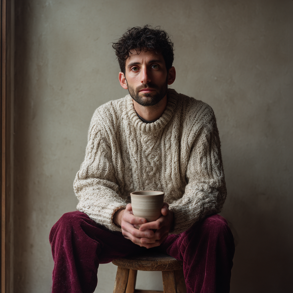 Five textures, one light: Portrait of a man in his early thirties with tightly coiled dark hair and a short beard, seated on a wooden stool in a painter's studio lit by a tall north-facing window. Half-body framing, both hands visible, wrapped loosely around a small unglazed clay cup. He wears an oversized ivory cable-knit wool sweater and deep burgundy velvet trousers. Soft even daylight from camera-right, gentle shadow on the far side of the face, a faint catchlight in the eyes. Natural skin with visible pores and fine hairs, thick cable texture in the knit, velvet with a soft directional sheen, the cup's chalky matte surface. Bare plaster wall behind him. Medium format look, 80mm lens at f/2.8, fine film grain, restrained warm color grading. Square composition, true-to-life photographic rendering. No text, no logos, no watermark. --style raw --no text, watermark