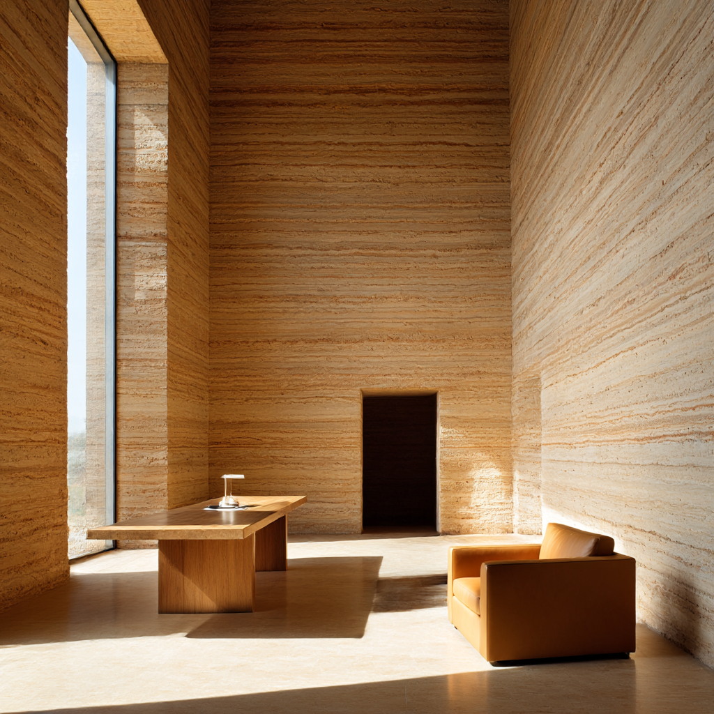 Daylight that behaves like daylight: Interior architectural photograph of an empty reading room in a rammed-earth house: one long rammed-earth wall with visible horizontal strata in ochre and sand, a honed limestone floor, and a single full-height window on the left. Only two objects in the room: one long white oak table and one tan leather armchair. Early morning sun enters low through the window and lays one sharp diagonal band of light across the floor. Nothing on the walls, no shelves, no curtains, no second chair. Tripod shot, 24mm tilt-shift lens, straight verticals, f/8, deep focus, natural white balance. Square composition, true-to-life photographic rendering. No people, no text, no watermark. --style raw --no people, text, shelf, curtain, watermark
