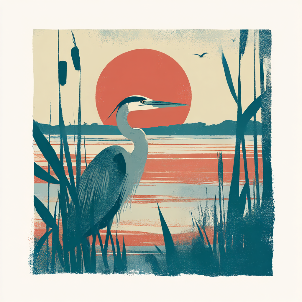 Three inks, no drift: Flat three-color screen print illustration filling the entire square frame edge to edge, no paper border, no margins, not a photo of a print: a grey heron standing among tall reeds at dawn, a wide river and a large low sun on the horizon. Flat ink shapes with crisp silhouettes, limited palette of deep teal, warm coral and cream, slight misregistration where the inks overlap, coarse halftone dots in the shadows, fine paper grain across the whole image. Reeds as bold vertical strokes, water as a few horizontal bands, two distant birds as small dark shapes. Simplified geometric forms, generous negative space, the heron slightly off center. No text, no borders, no frame, no watermark. --no text, border, frame, mockup, watermark