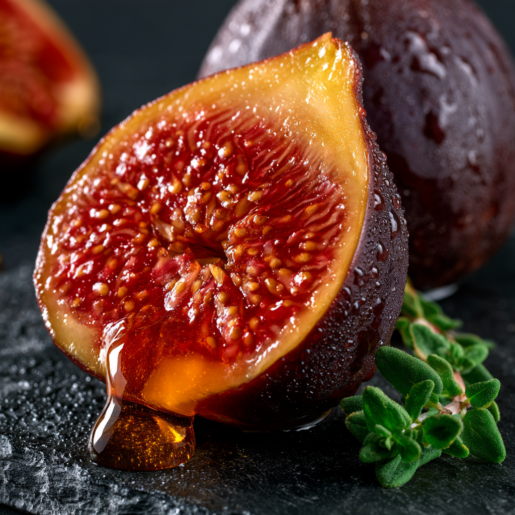 Macro that keeps its texture: Extreme macro of a halved black fig on dark slate, honey running slowly off the cut face, crimson flesh and seeds in sharp detail, one drip caught mid fall, two thyme leaves beside it, hard side light from the right, deep shadow, cool slate against warm fruit, fine water beads on the skin --style raw --s 150 --no hands, text, watermark
