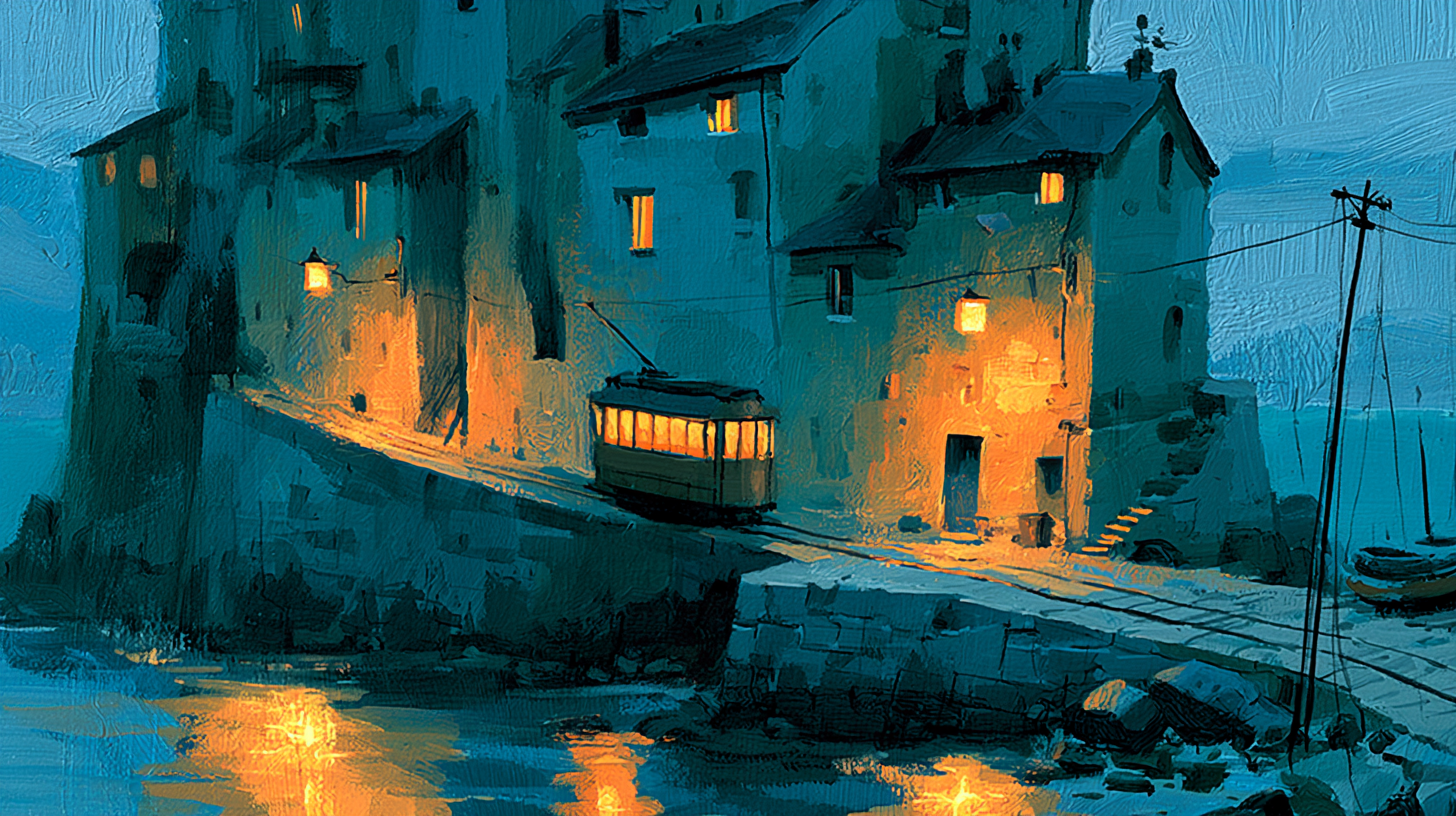 Same palette, new scene: A funicular tram climbing a steep hillside street of stacked houses at dusk, painted in the same gouache handling as the reference image, chalky opaque paint, visible brush strokes, muted teal, warm ochre and deep indigo, simplified flat shapes, paper texture across the whole frame --iw 2 --style raw --s 250 --no text, photo realism, watermark