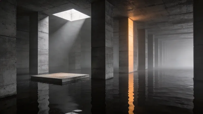 Reference image 2: flooded brutalist hall