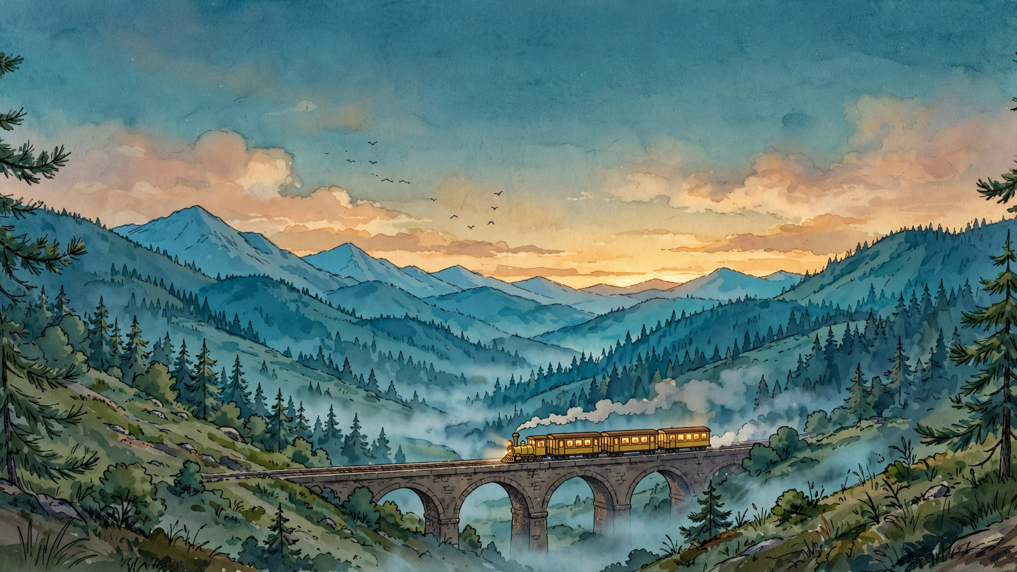 A frame from an animated film: A single frame from a hand drawn 2D animated feature: a small yellow mountain train crosses a stone viaduct at dusk, seen from a hillside across the valley. Cel shaded train with clean confident linework and flat warm colours, lit carriage windows glowing amber, a thin trail of steam behind it. Painted watercolour background of pine forest, layered blue ridges and a deep teal sky with the last warm light on the horizon, soft mist gathering in the valley floor. Wide composition with the viaduct running across the lower third, generous sky above, a few birds as small dark marks. Quiet, warm, unhurried mood, the look of a studio feature still rather than a digital illustration, subtle film grain. No people, no text, no signature, no watermark.