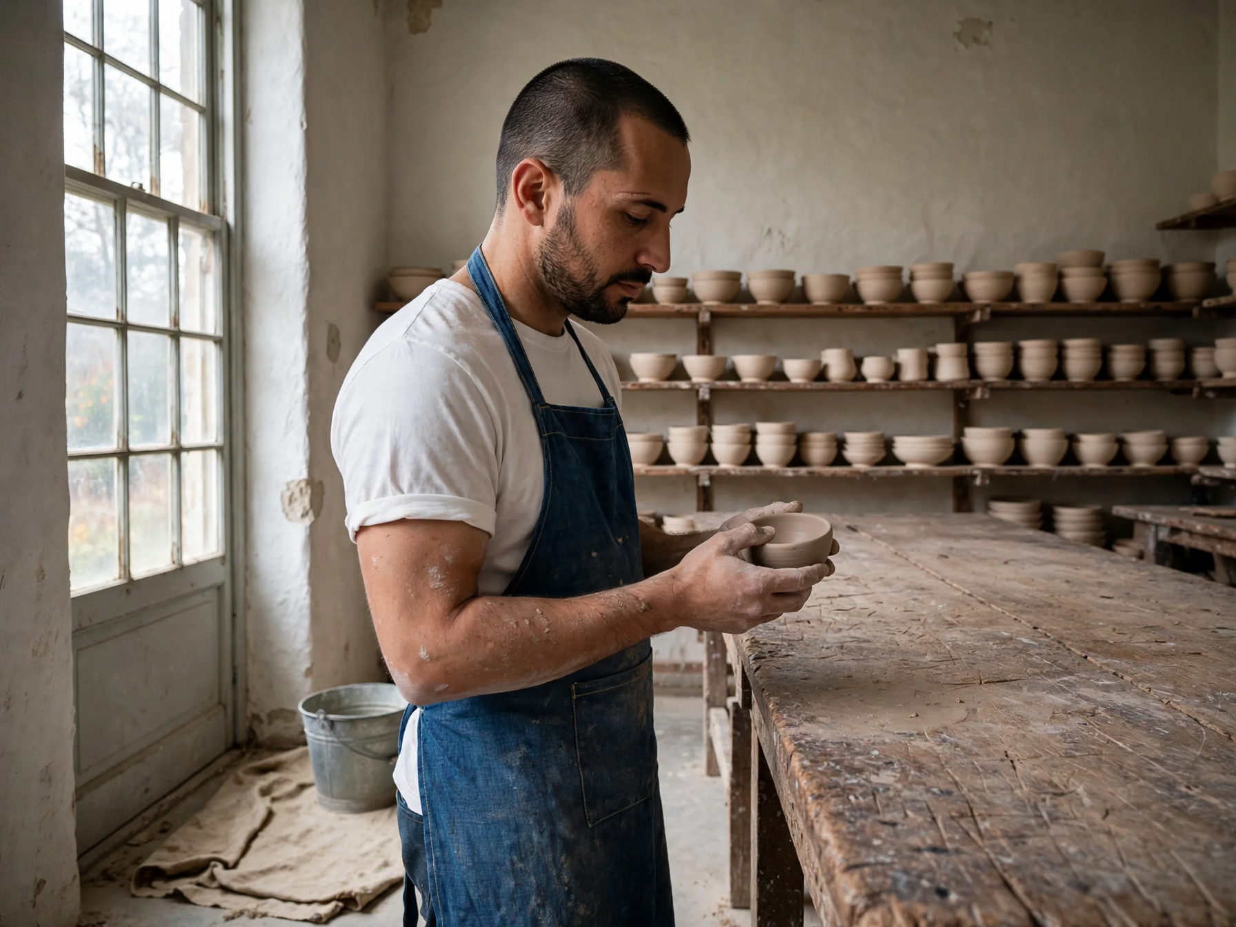 Three references, one photograph: Use the first reference for the person, the second for the garment and the third for the setting. Keep the same man, his face, beard, haircut and build unchanged, and place him standing at the long workbench from the third reference, wearing the indigo cross back linen apron from the second reference over a plain white tee with the sleeves pushed to the elbow. Three quarter view from camera left, he is turning a small unglazed bowl in his hands and looking down at it. Match the light of the room: soft daylight from the tall window on the left, warm bounce off the plaster wall, a short shadow under the bench. The apron ties, topstitching and pocket shape stay exactly as in the reference, and the room keeps its own props and layout. Natural skin texture, fine linen weave, clay dust on the forearms, photoreal, 50mm lens, shallow depth of field. No extra people, no text, no logos, no watermark.