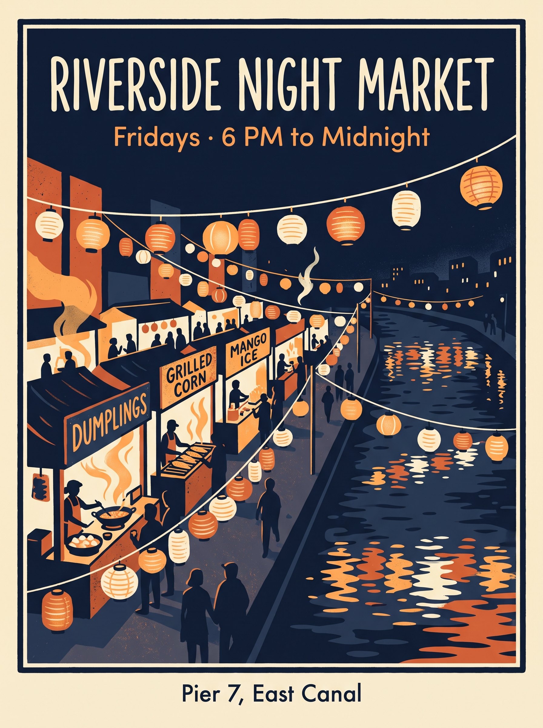 Six pieces of type, all spelled right: A portrait poster for a riverside night market, flat screen-printed illustration in deep navy, warm orange and cream. Strings of paper lanterns hang over a row of food stalls along a canal, steam rising from woks, reflections rippling in the water. Render this headline exactly once in large cream condensed lettering across the top: "RIVERSIDE NIGHT MARKET". Directly below it, in smaller orange lettering: "Fridays · 6 PM to Midnight". Three small hand-painted stall signs in the scene read "DUMPLINGS", "GRILLED CORN" and "MANGO ICE". Along the bottom edge, in small clean sans-serif: "Pier 7, East Canal". Keep every word crisp and evenly spaced with generous margins. No other text, no logos, no watermark.