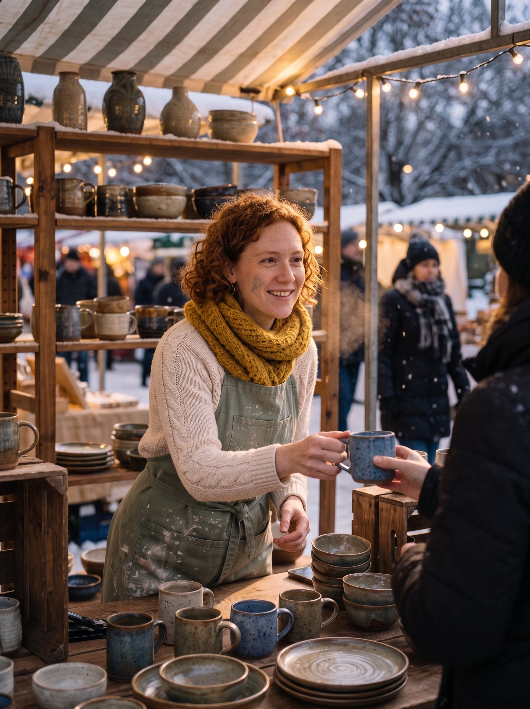 Third turn, same potter: Keep the same woman, her face, copper-red curls, freckles, silver hoop earring and sage green apron unchanged, and keep the market stall and pottery shelves where they are. Change the season to a snowy December evening: she now wears a chunky mustard scarf over the apron, warm string lights hang along the canopy, snow settles on the stall roof and the shelves, her breath shows in the cold air. Photorealistic, no text.