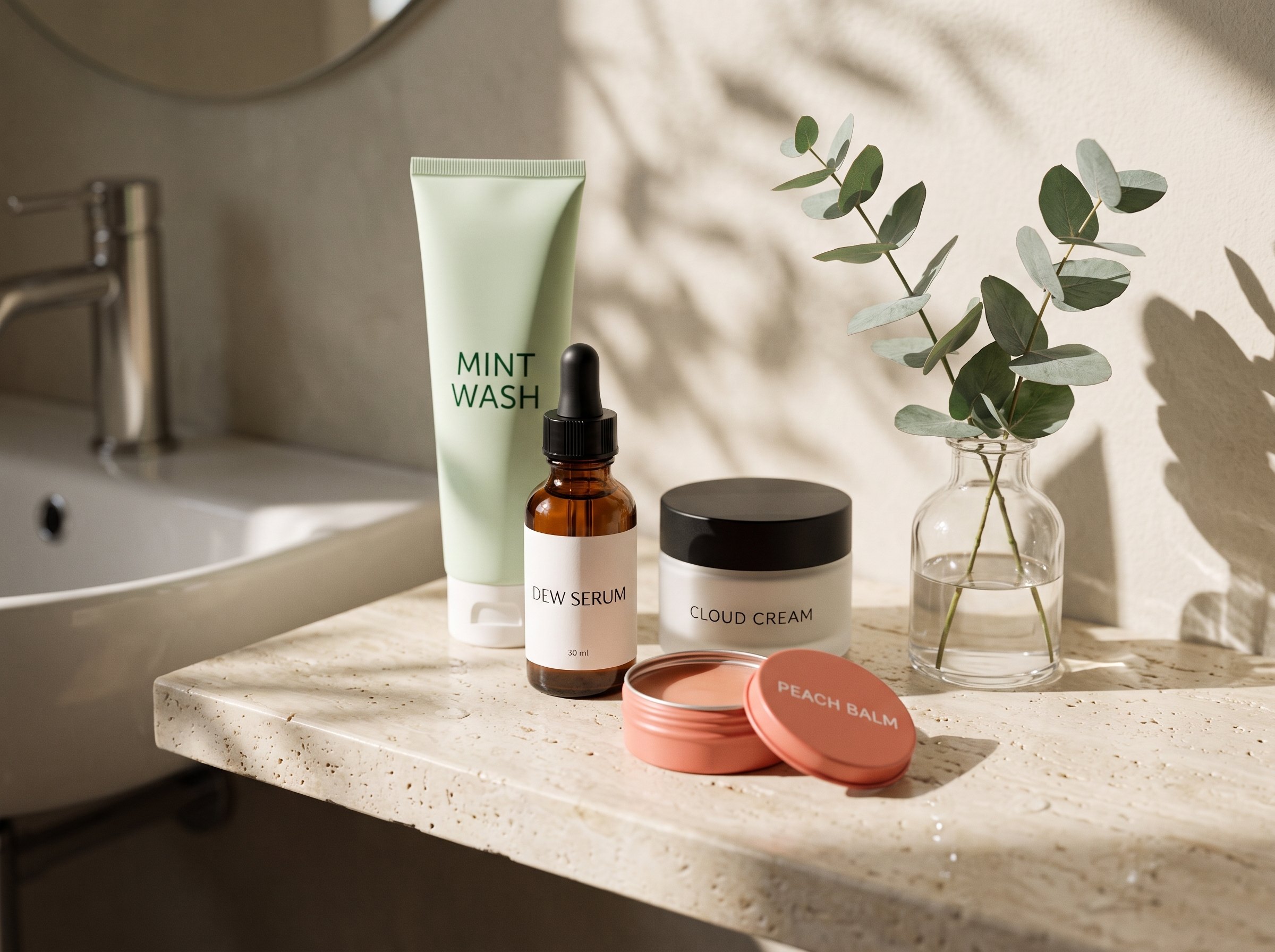 Four products, one shelf, every label intact: Arrange the four products from the reference images together in one bathroom scene: on a pale travertine shelf beside a sink, a sprig of eucalyptus in a small glass, morning sunlight from a window casting soft leaf shadows across the shelf. Keep each product's shape, colour, material and label text exactly as in its reference: 'DEW SERUM', 'CLOUD CREAM', 'MINT WASH', 'PEACH BALM'. Photorealistic editorial still life, 50mm lens, shallow depth of field, no other text, no logos.