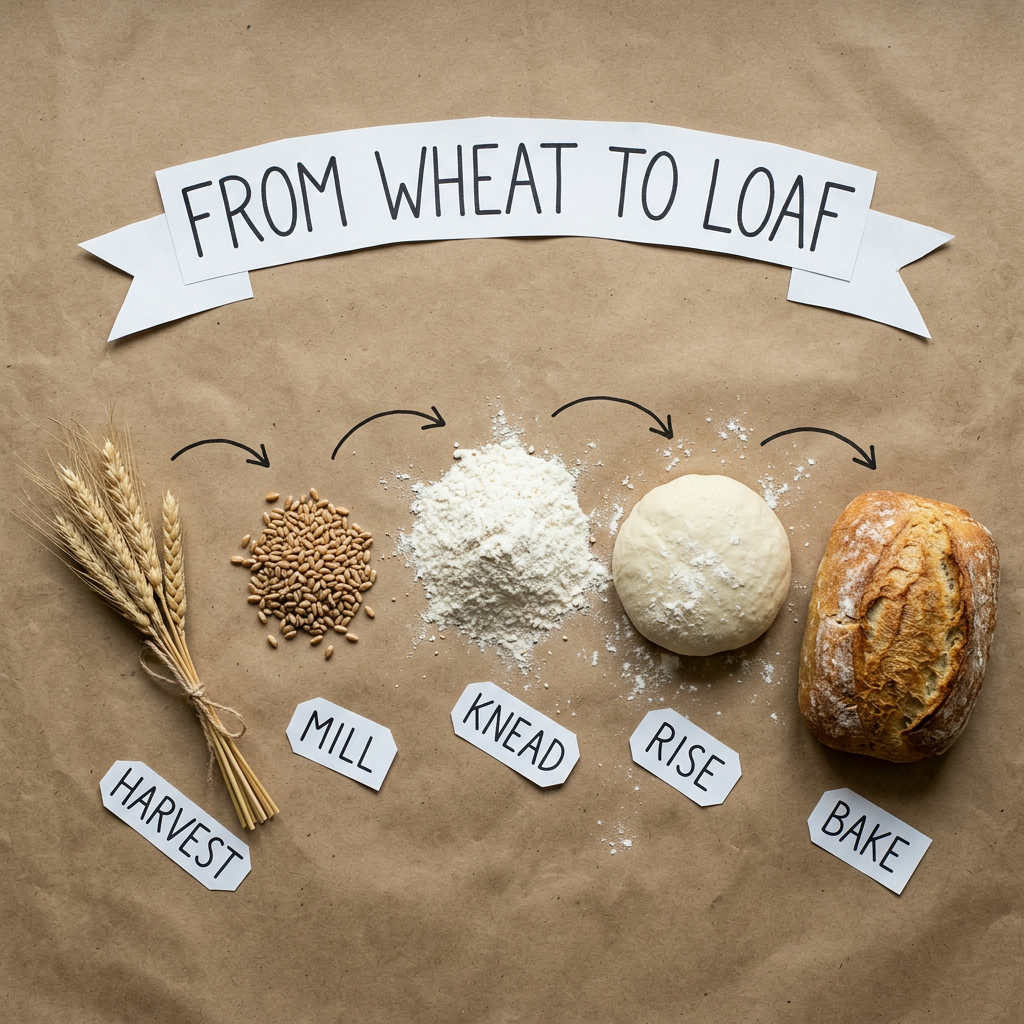 Marker lettering that stays exact: Overhead flat-lay photograph of a handmade DIY infographic on brown kraft paper, square format. A hand-cut white paper banner across the top reads "FROM WHEAT TO LOAF" in clean black marker capitals. Below it, five real objects in a gentle arc from left to right: a small bundle of dry wheat stalks, a little pile of wheat grains, a soft mound of white flour, a smooth ball of raw dough, and a golden crusty loaf. Under each object a small hand-cut white paper label in the same black marker: "HARVEST", "MILL", "KNEAD", "RISE", "BAKE". Hand-drawn black marker arrows link the steps in order. Soft diffused window daylight, gentle shadows, matte paper texture, visible flour dust and crust cracks. Shot straight down with a 50mm lens, everything in focus. No other text, no numbers, no logos, no watermark.