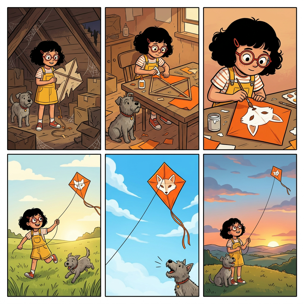 Characters that hold across panels: A six-panel comic strip, three columns by two rows, thin white gutters, square format, about the same two characters: an eight-year-old girl with a curly black bob, round red glasses and a yellow dungaree dress, and her scruffy grey terrier. Panel 1: wide shot, she finds a torn paper kite in the attic. Panel 2: medium shot, she glues orange paper onto the frame. Panel 3: close-up, she paints a white fox face on the kite. Panel 4: wide shot, she runs across a meadow, the dog chasing. Panel 5: low angle, the fox kite lifts into a blue sky. Panel 6: both watch it fly from a hilltop at dusk. Clean cel-shaded illustration, bold outlines, warm limited palette. Girl, dog and fox kite identical in every panel. No speech bubbles, no captions, no text, no extra characters.