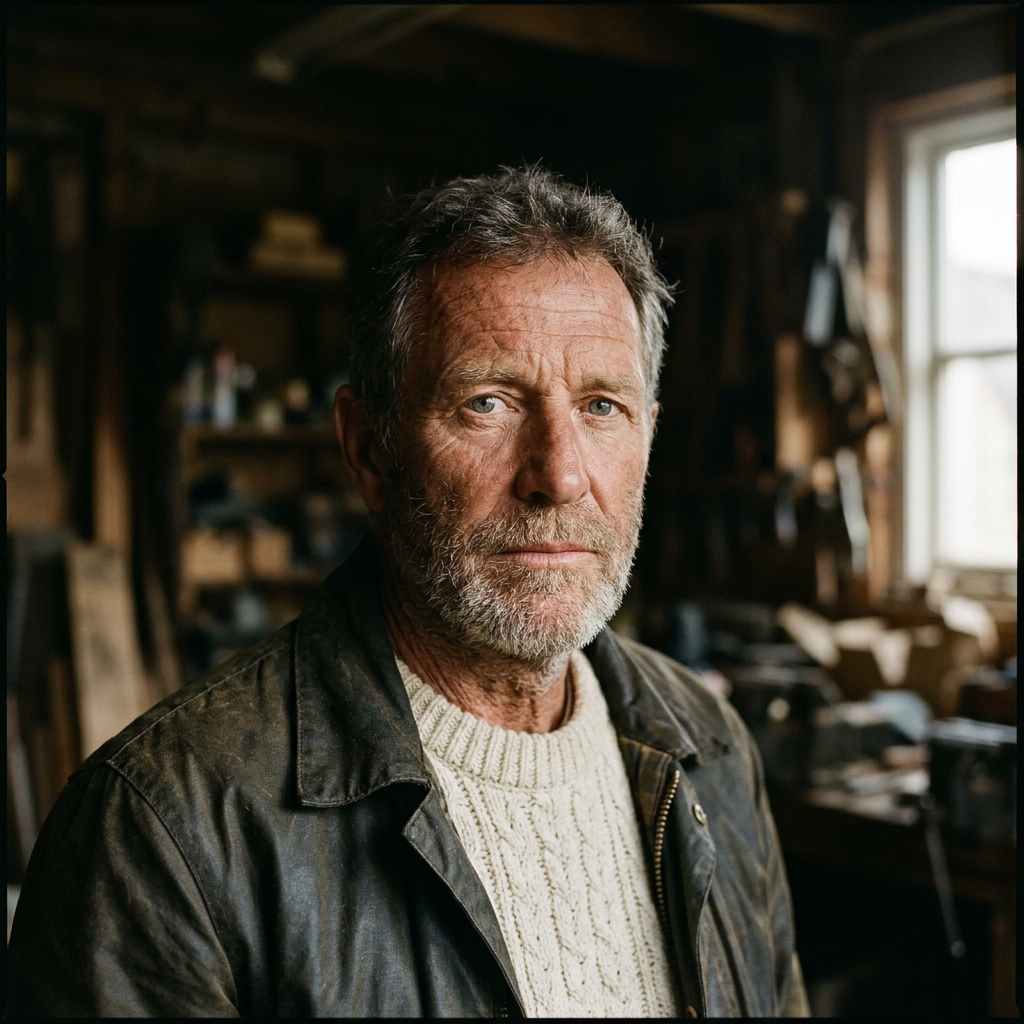 Skin texture left unretouched: Character portrait of a man in his sixties with weathered, sun-lined skin, a short salt-and-pepper beard and pale grey eyes, wearing a chunky cream cable-knit wool sweater under a dark waxed-canvas jacket. Head and shoulders, square format, subject slightly off center, dark blurred workshop interior behind him. Soft daylight from a single window at camera right shapes a Rembrandt triangle on the shadow cheek, the window reflected as a catchlight in each eye. 85mm lens at f/2, focus locked on the eyes, shallow depth of field. Natural skin with visible pores, fine wrinkles and individual beard hairs, the knit texture and the waxed fabric sheen rendered in sharp detail. Calm, direct gaze, closed lips. No text, no extra people, no watermark, no heavy retouching, no plastic-smooth skin.